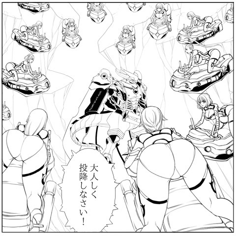 エアバイクでとりかこむ女戦闘員