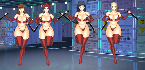 四人の女戦闘員 赤ビキニ状スーツ